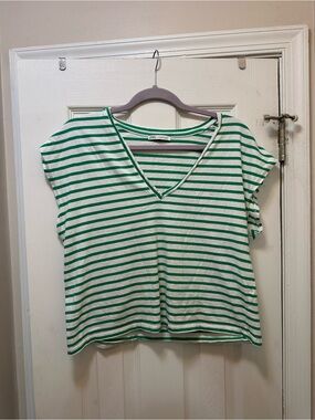 Zara White and Green Striped V-Neck Crop Top